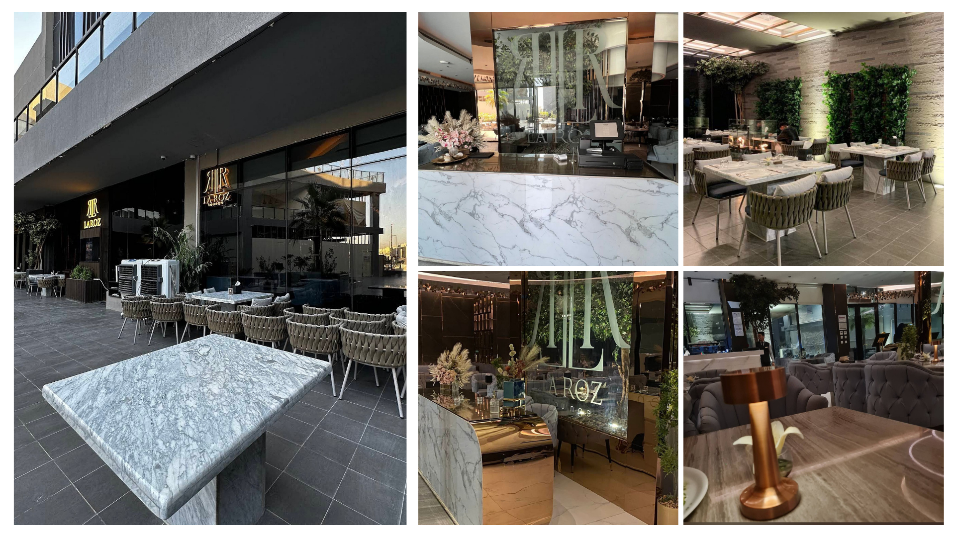 Exterior view of La Roz restaurant showcasing outdoor seating and a modern facade.