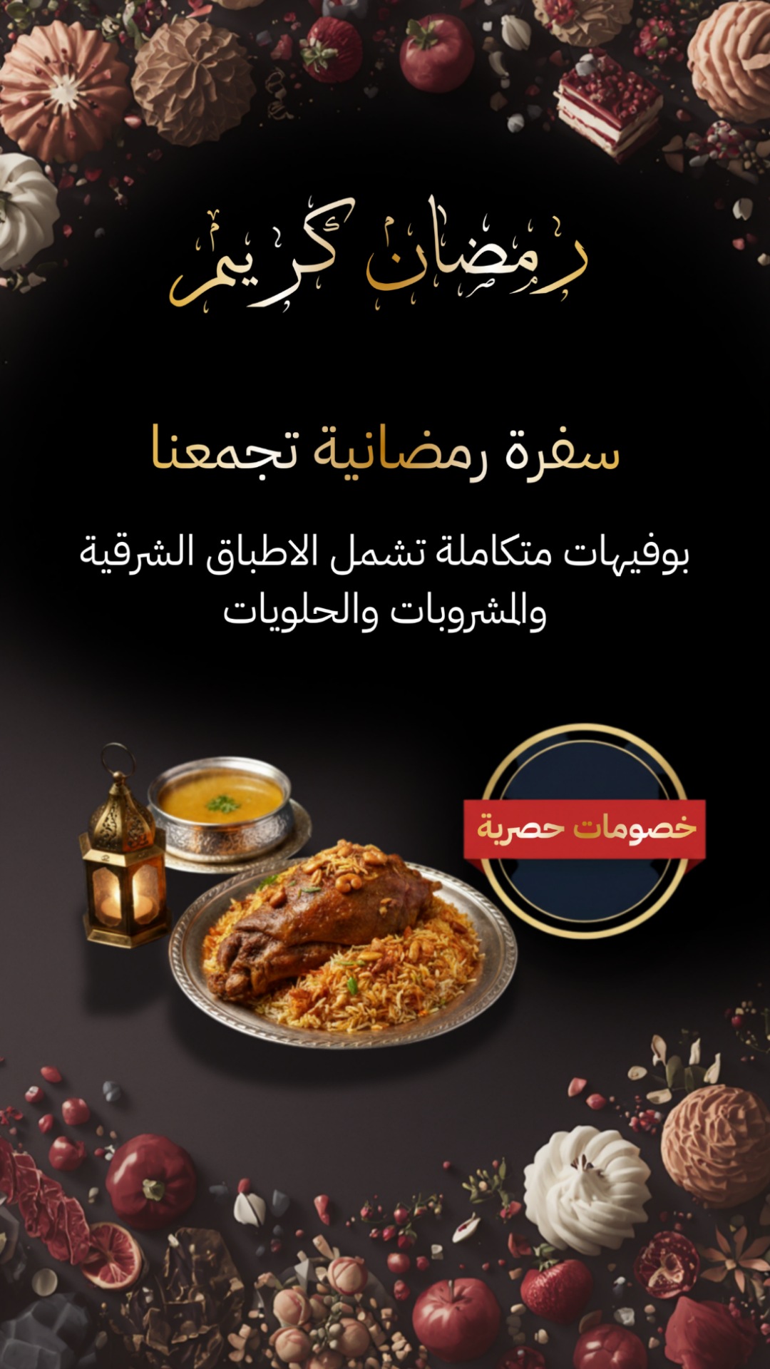 صورة ترويجية لبوفيه رمضاني يتضمن أطباق شرقية مثل الأرز باللحم والحلويات الشهية، مع خلفية مزينة بالحبوب والفواكه.