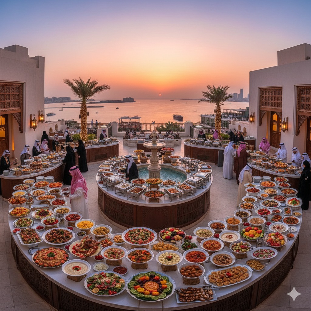 بوفيه مفتوح يحتوي على مجموعة متنوعة من الأطباق الشهية مع غروب الشمس في الخلفية، وأشخاص يتناولون الطعام في أجواء احتفالية.